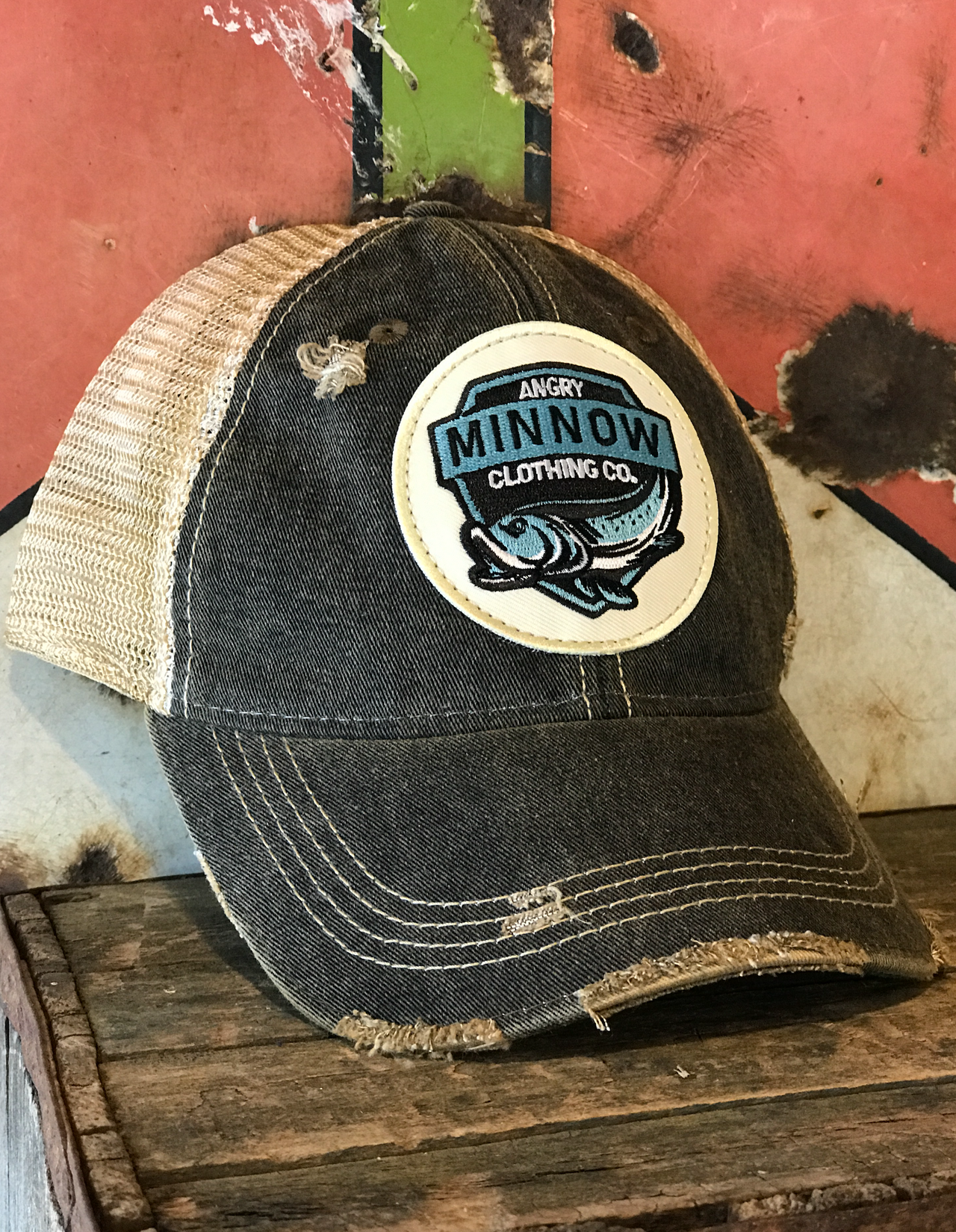 Angry Minnow Vintage Blue Logo Hat - Distressed Black Snapback