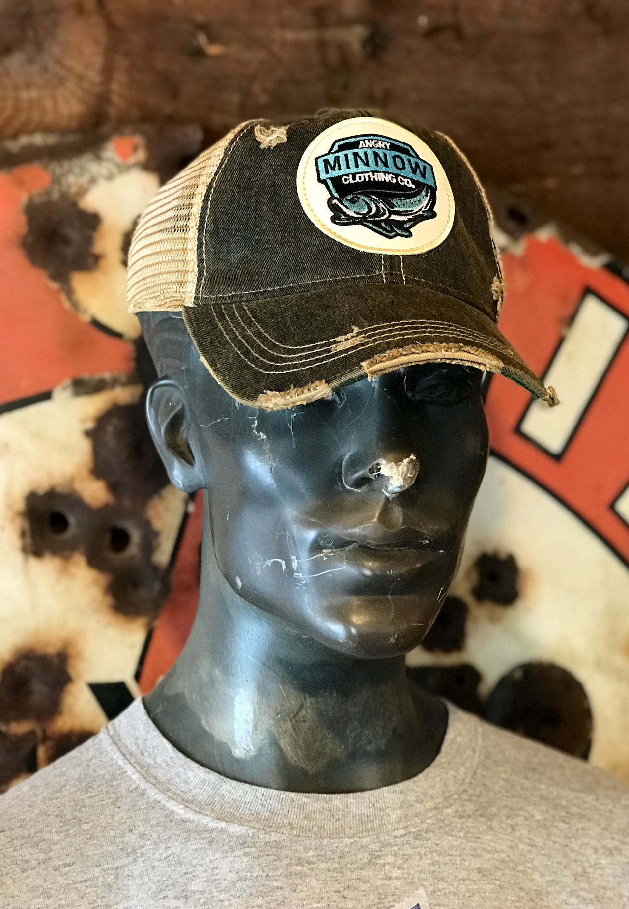 Angry Minnow Vintage Blue Logo Hat - Distressed Black Snapback