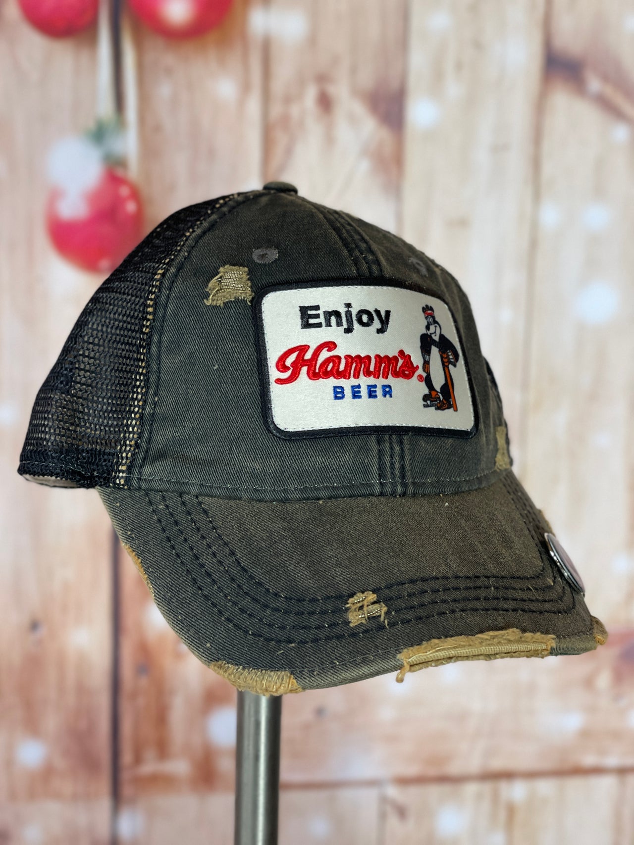 Enjoy Hamm's Beer Hockey Hat- Distressed Carbon Mesh