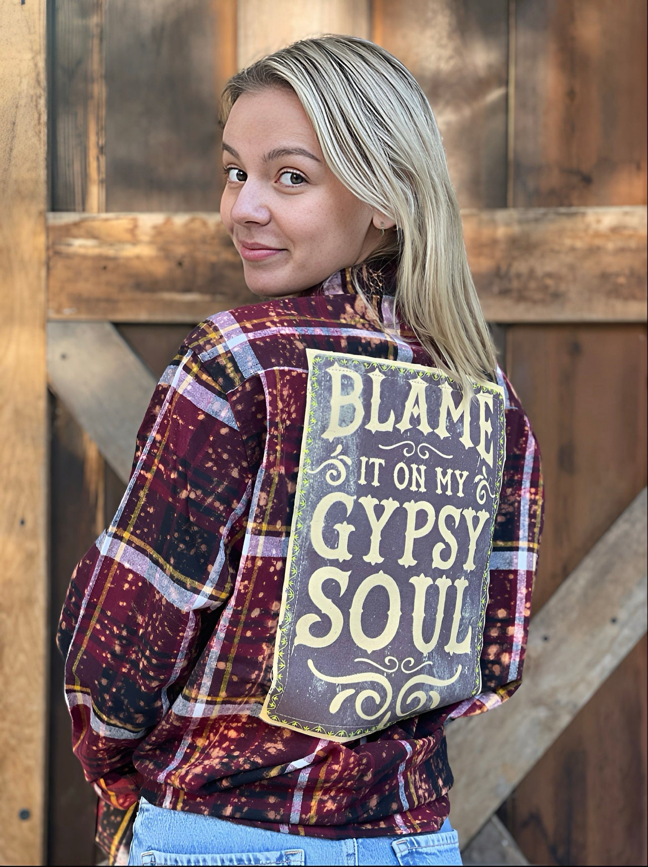 Blame it on my Gypsy Soul Art Flannel- Distressed Burgundy