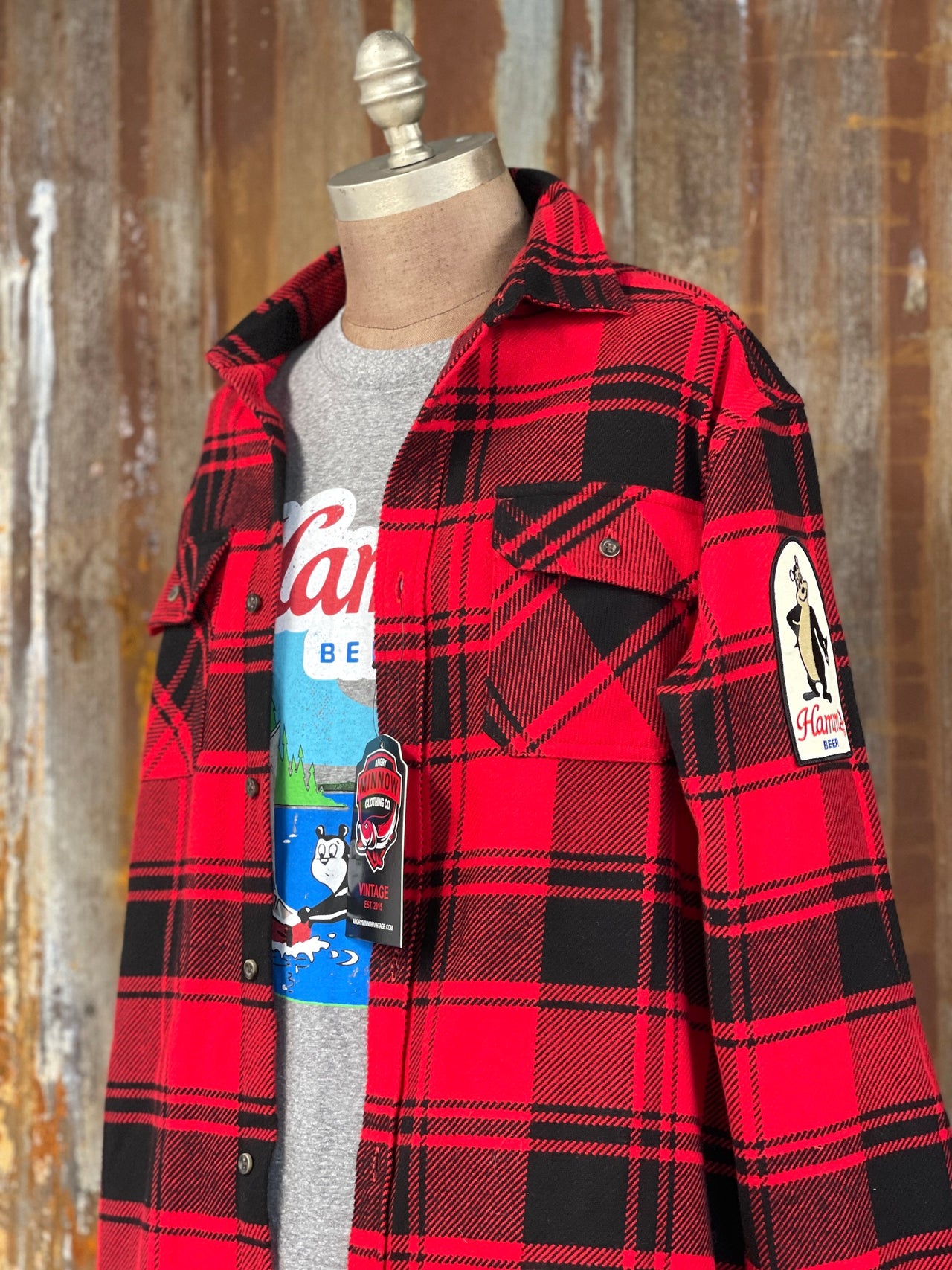 Hamm's HOCKEY BEAR Heavyweight Brawny Flannel- Red/ Black Plaid