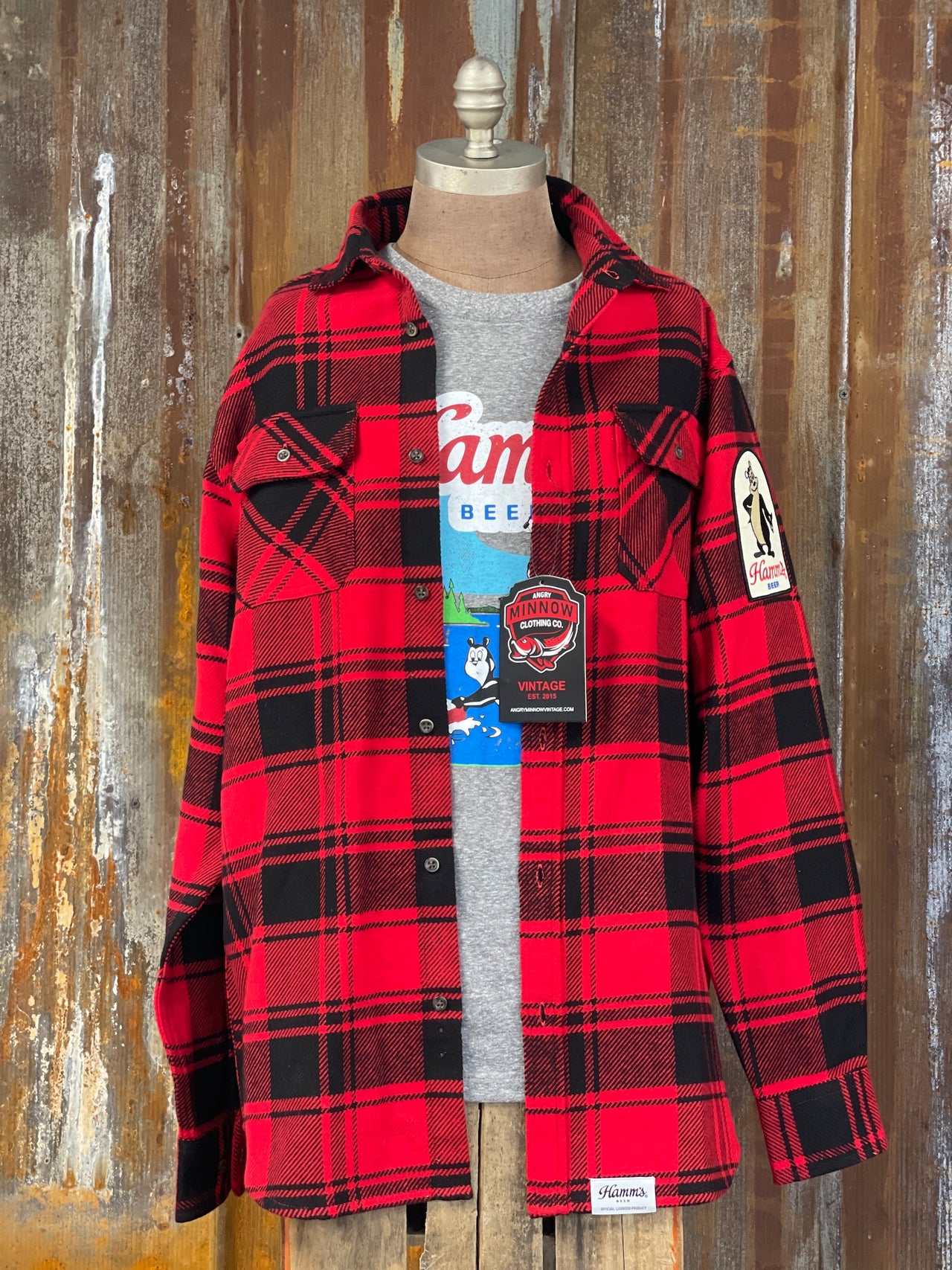 Hamm's HOCKEY BEAR Heavyweight Brawny Flannel- Red/ Black Plaid