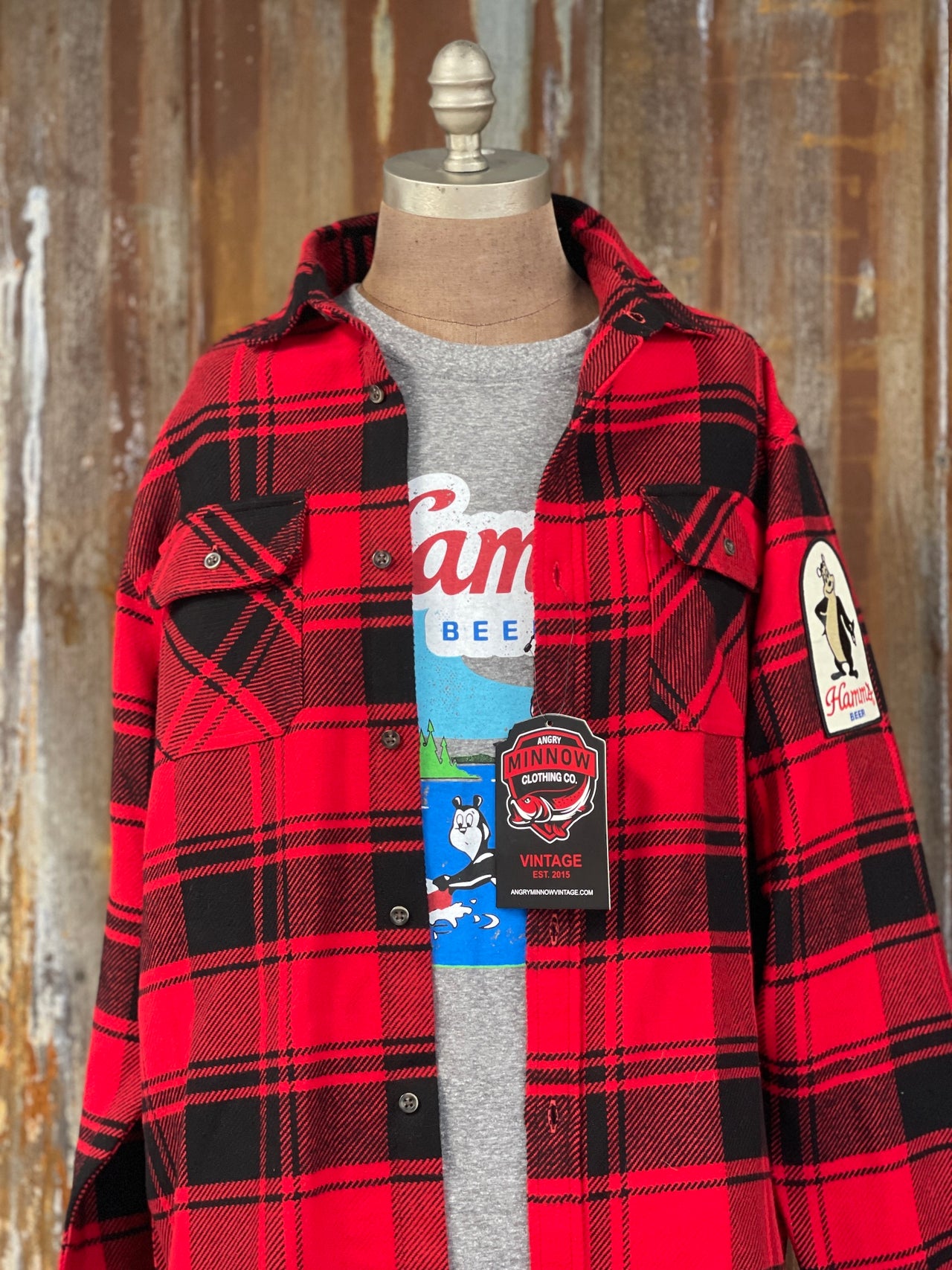 Hamm's HOCKEY BEAR Heavyweight Brawny Flannel- Red/ Black Plaid