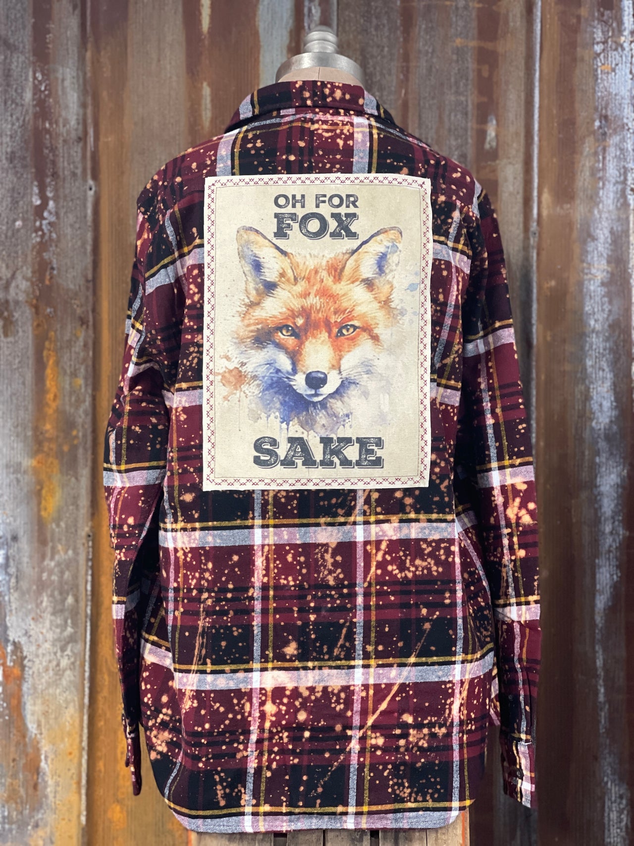 For Fox Sake Art Flannel- Distressed Burgundy Plaid