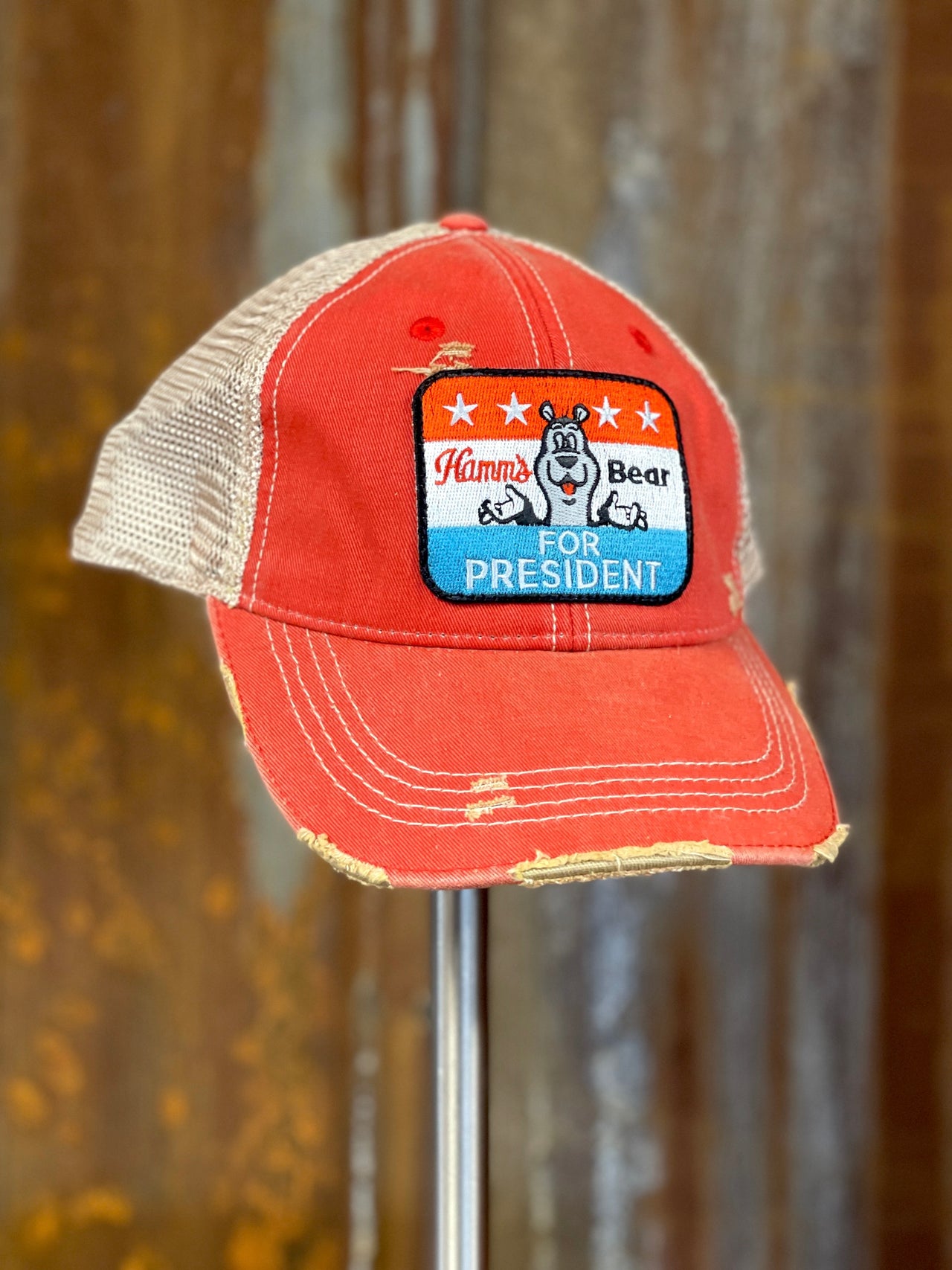 Hamm's Bear For President Hat- Distressed Red Snapback