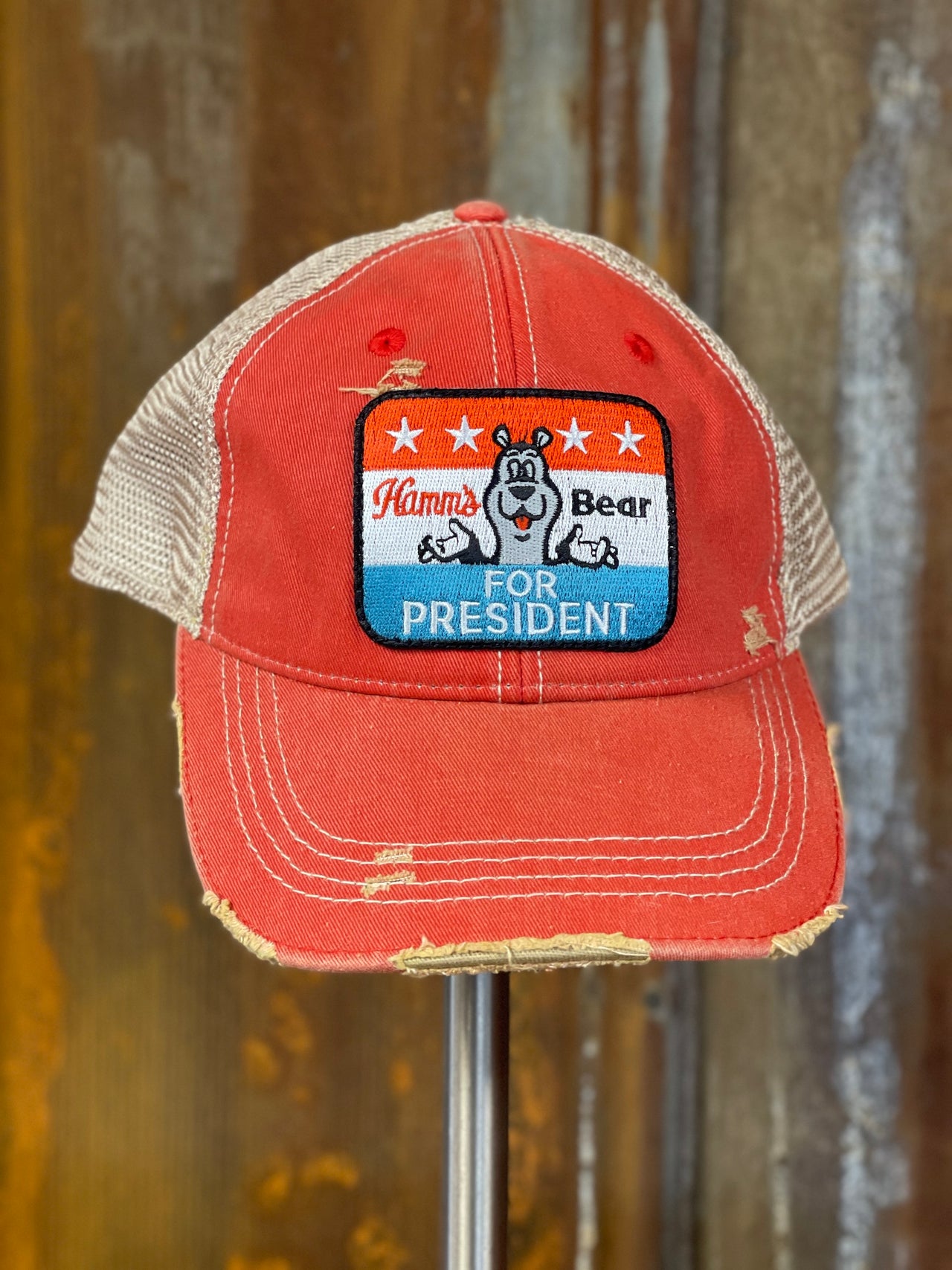 Hamm's Bear For President Hat- Distressed Red Snapback