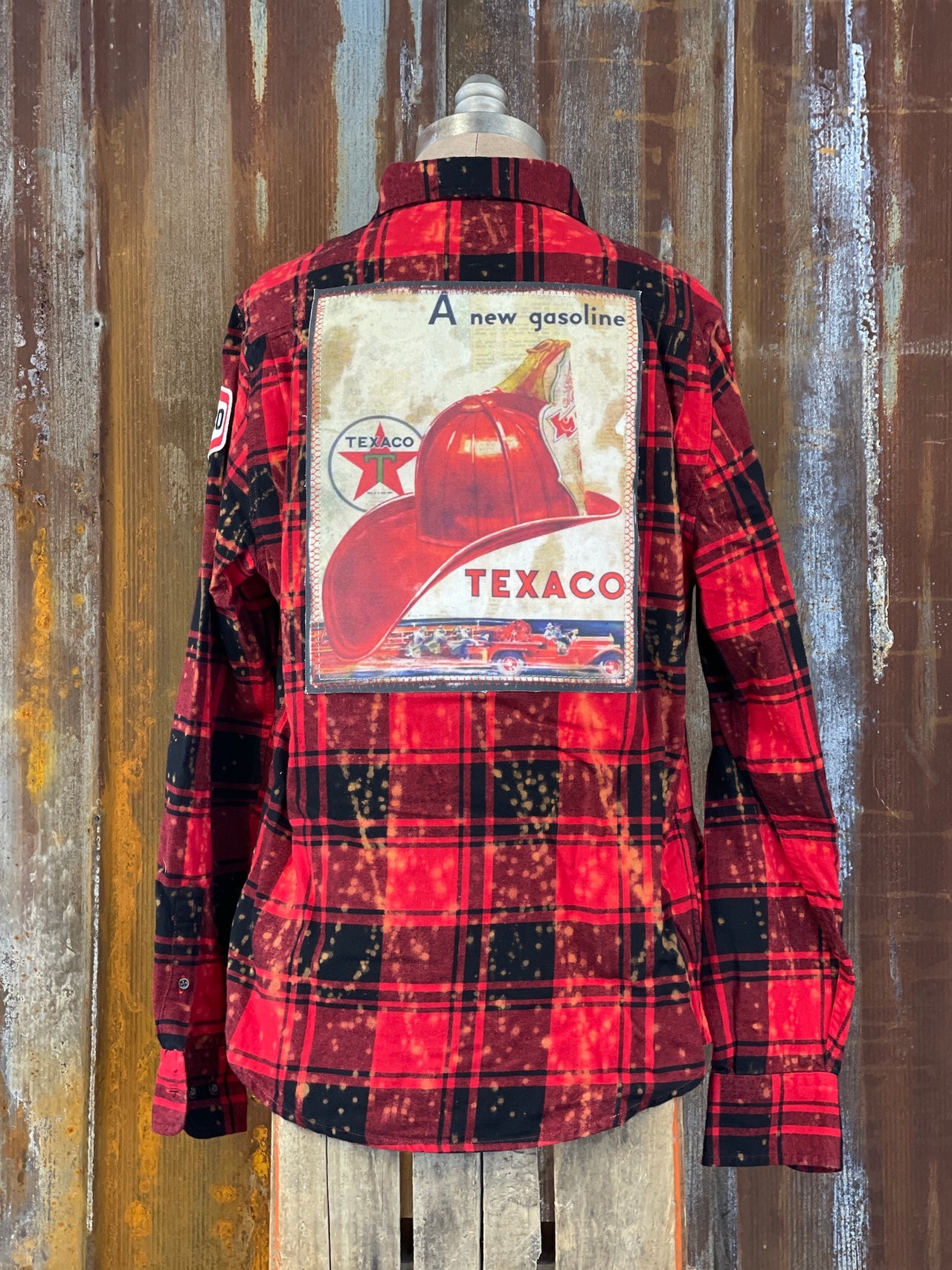 Vintage Gas Station Art Flannel- Distressed Red plaid