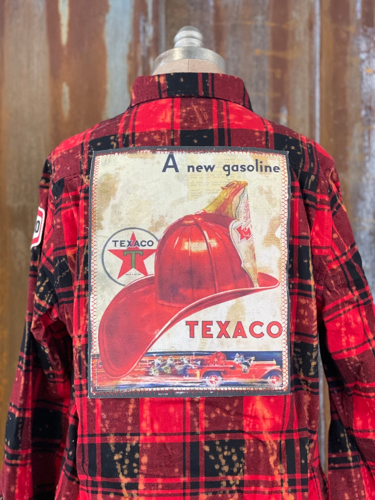 Vintage Gas Station Art Flannel- Distressed Red plaid