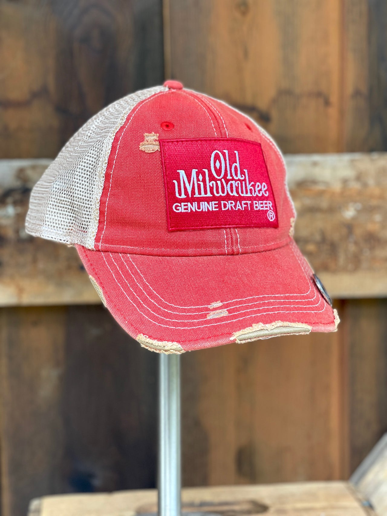 Old Milwaukee Beer hats at Angry Minnow