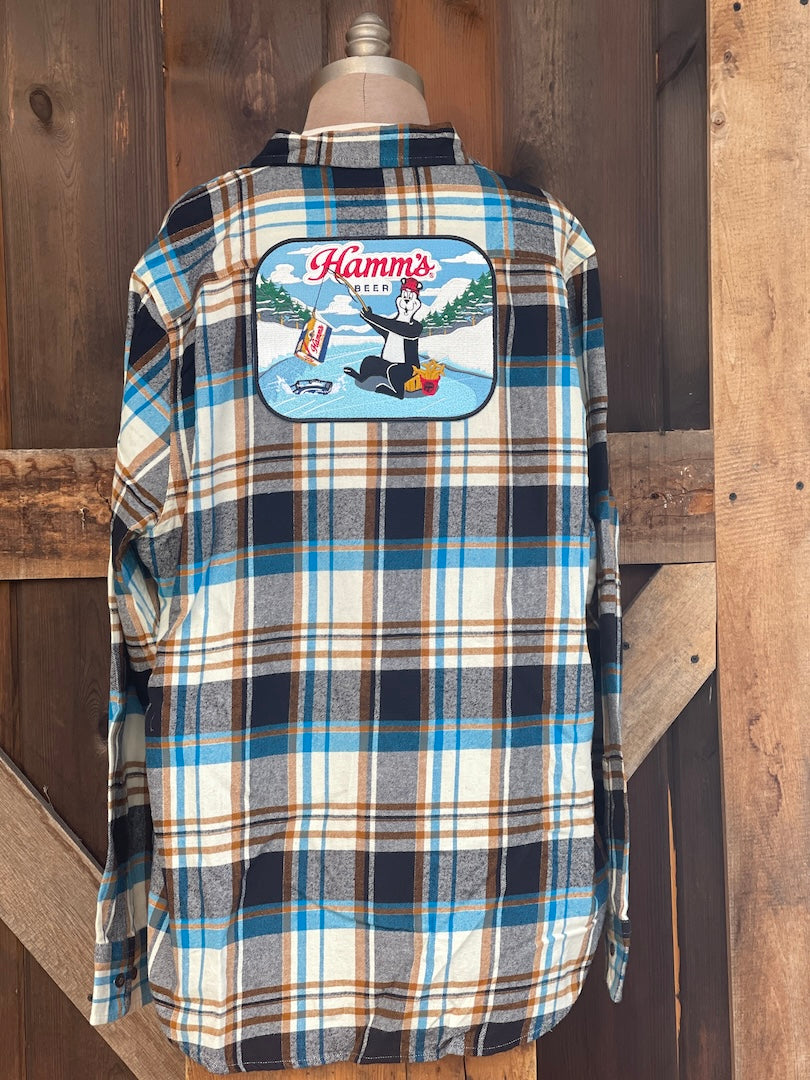 'Catching a cold one' Hamm's Beer Patch Flannel