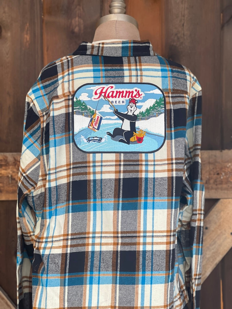 'Catching a cold one' Hamm's Beer Patch Flannel