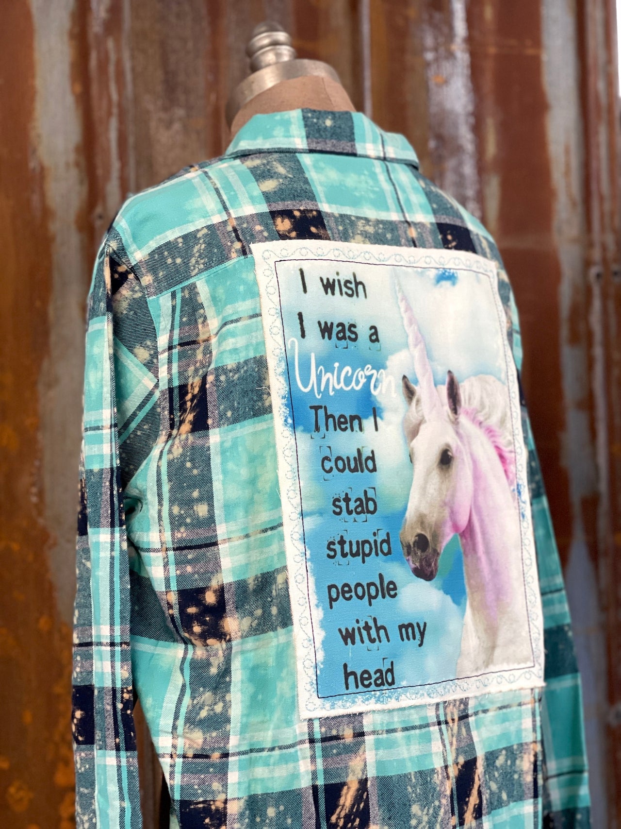 I Wish I Was A Unicorn Art Flannel- Distressed Seaglass