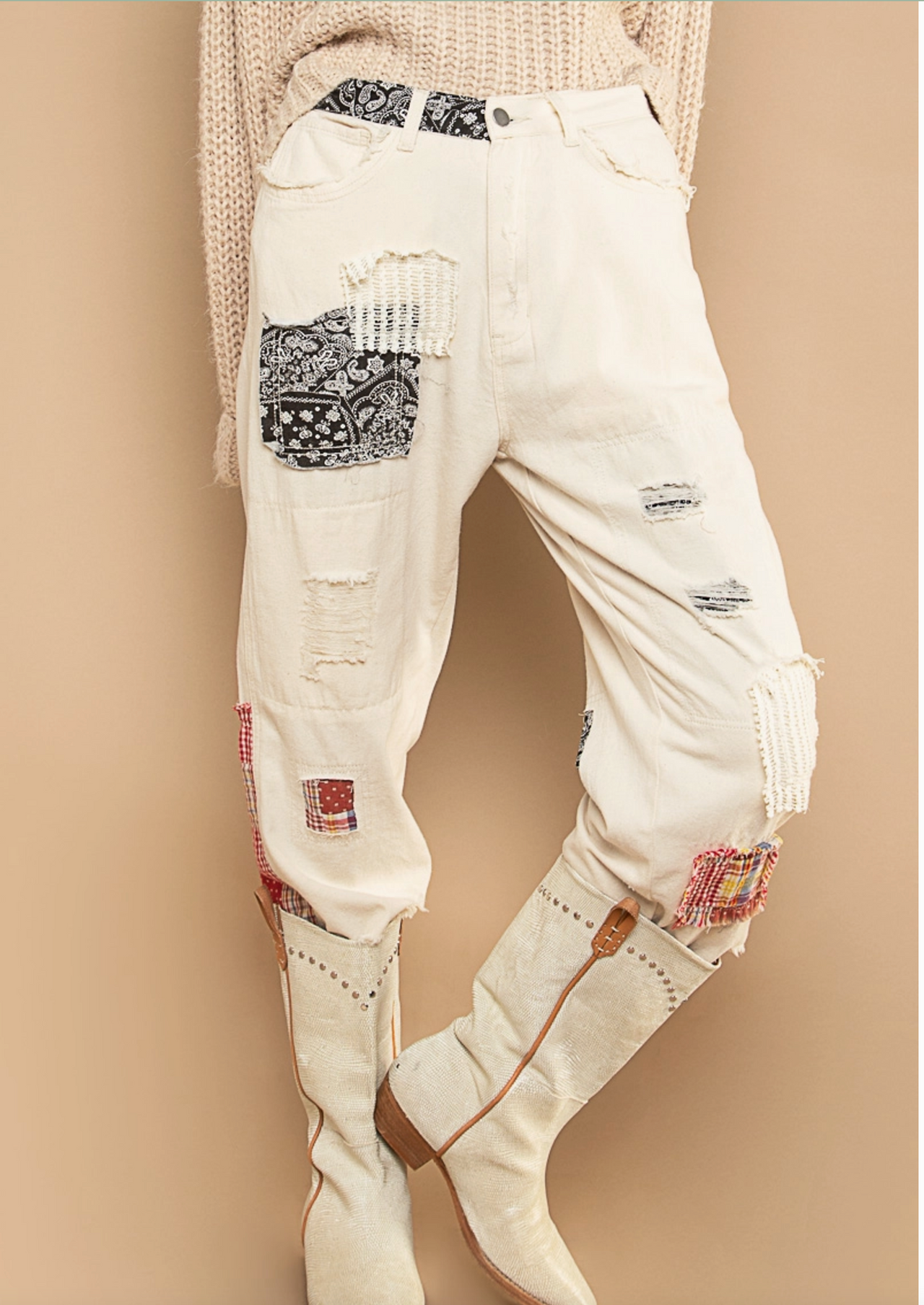 Patchwork Ankle Length Pants- Vanilla Bean