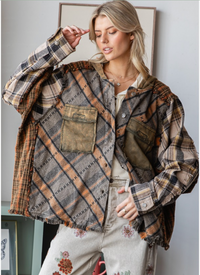 Thumbnail for Washed Mixed Plaid Hooded Jacket