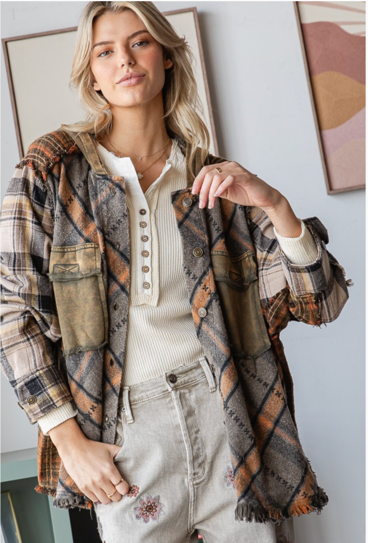 Washed Mixed Plaid Hooded Jacket