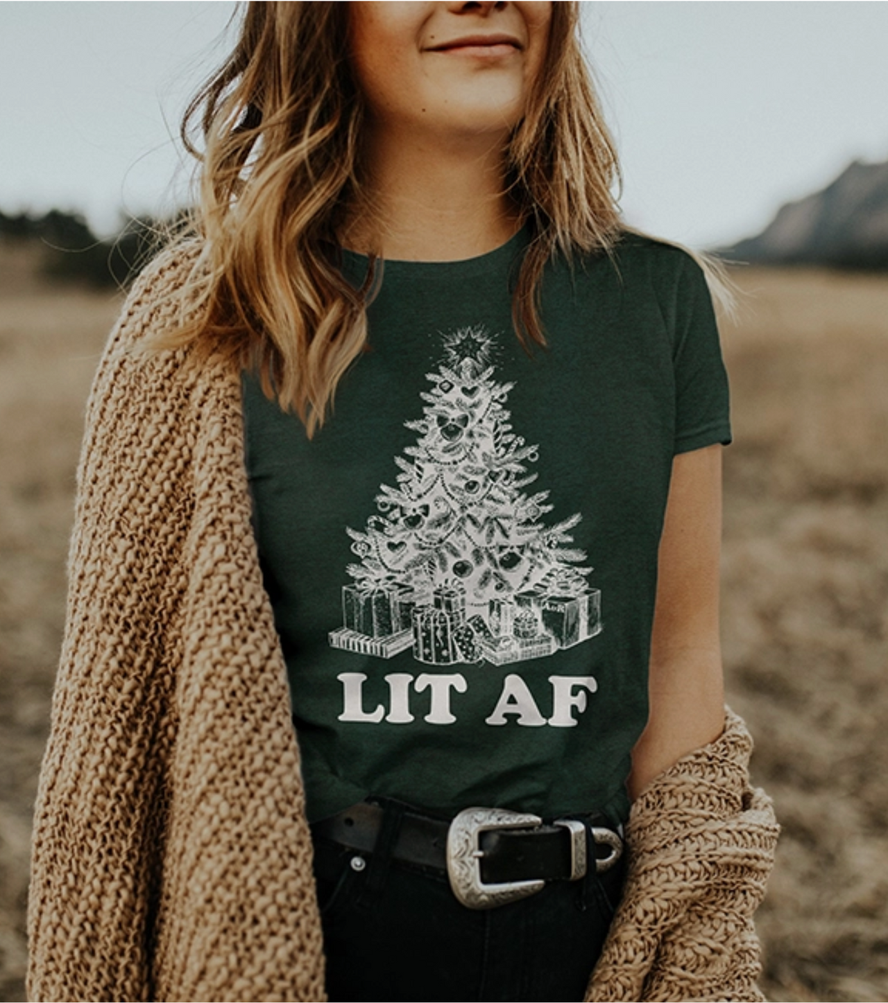 Lit AF Christmas Tee- Hunter Green