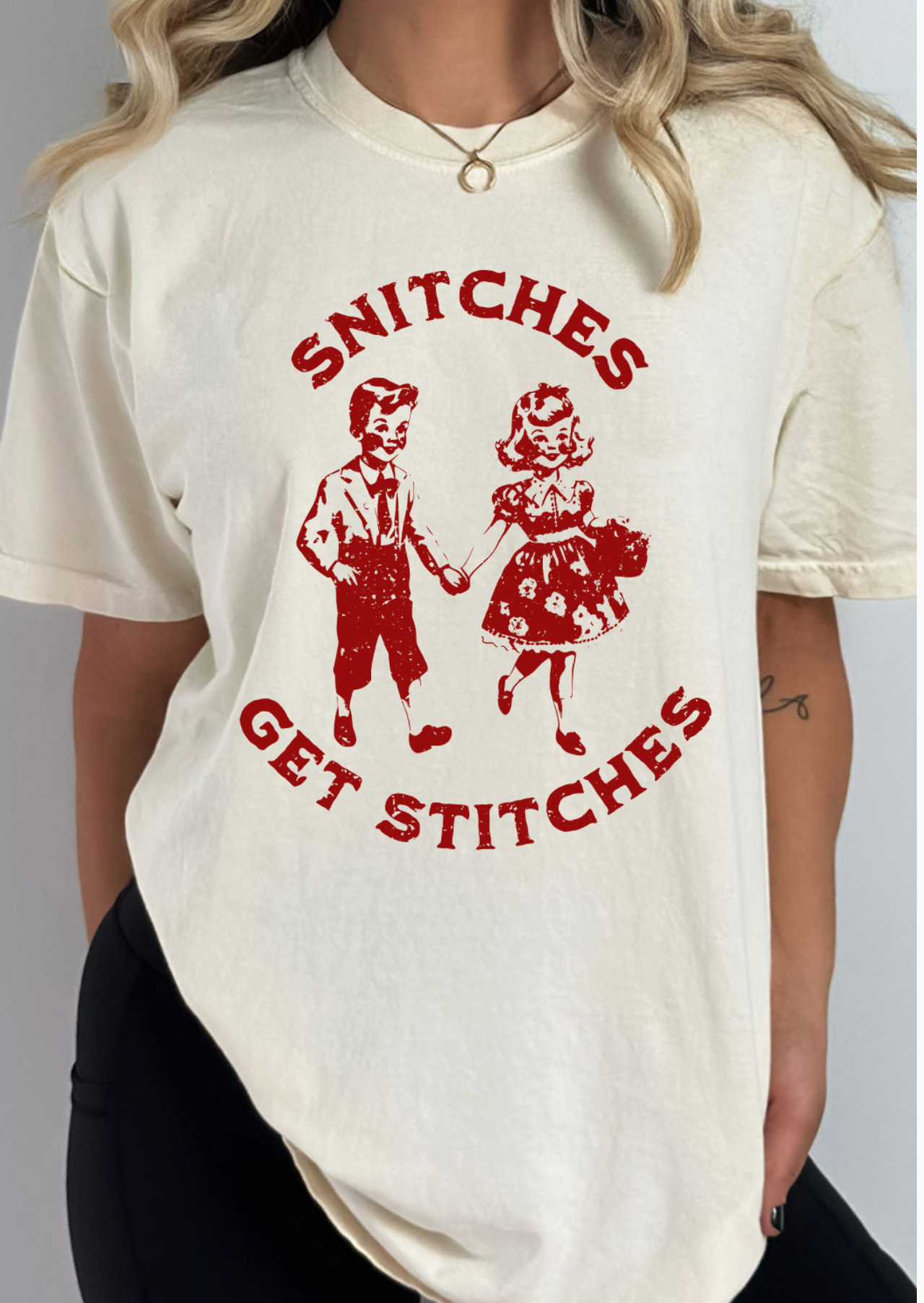 Snitches Get Stitches Tee- Ivory