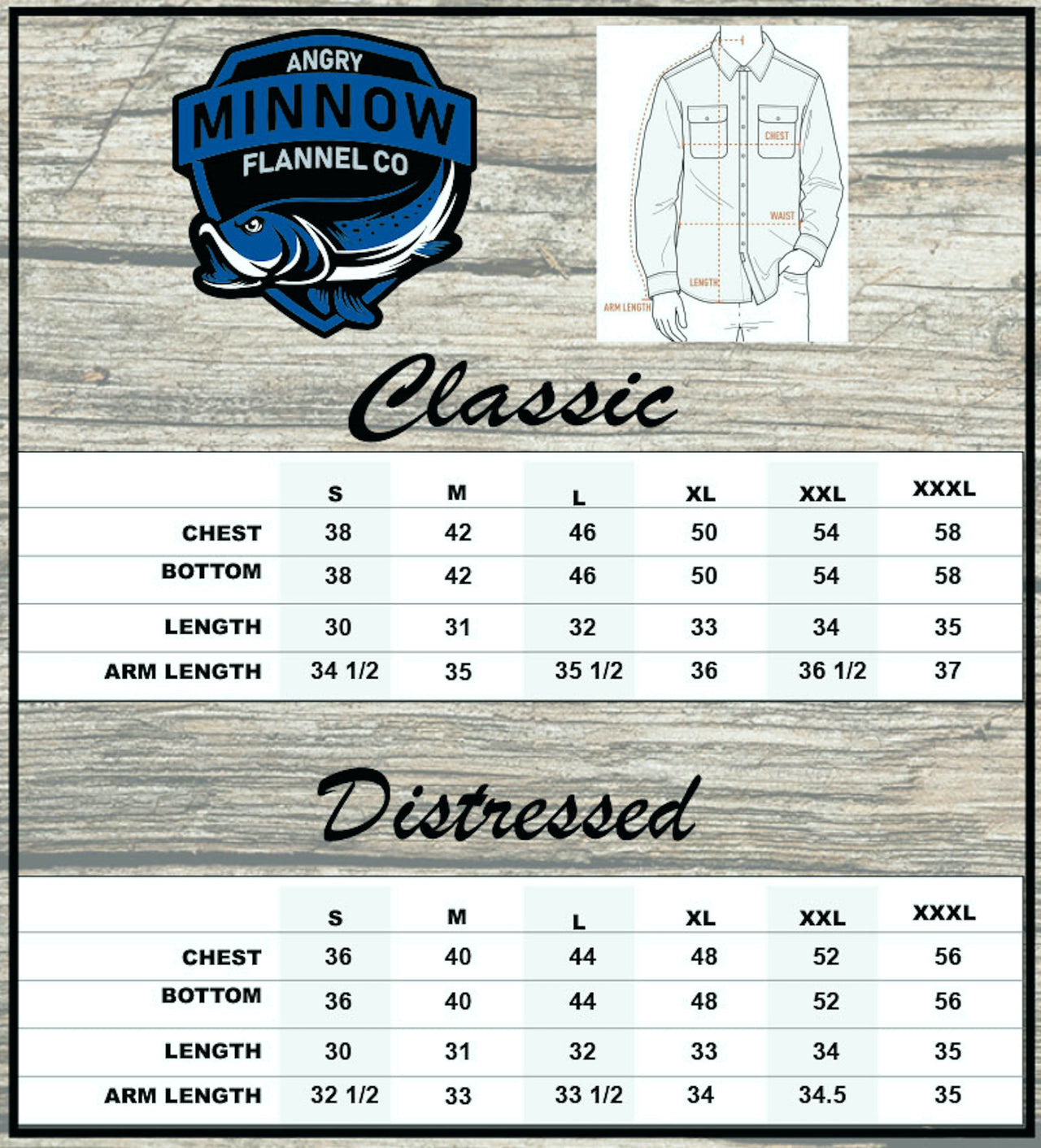 Angry Minnow Vintage size chart