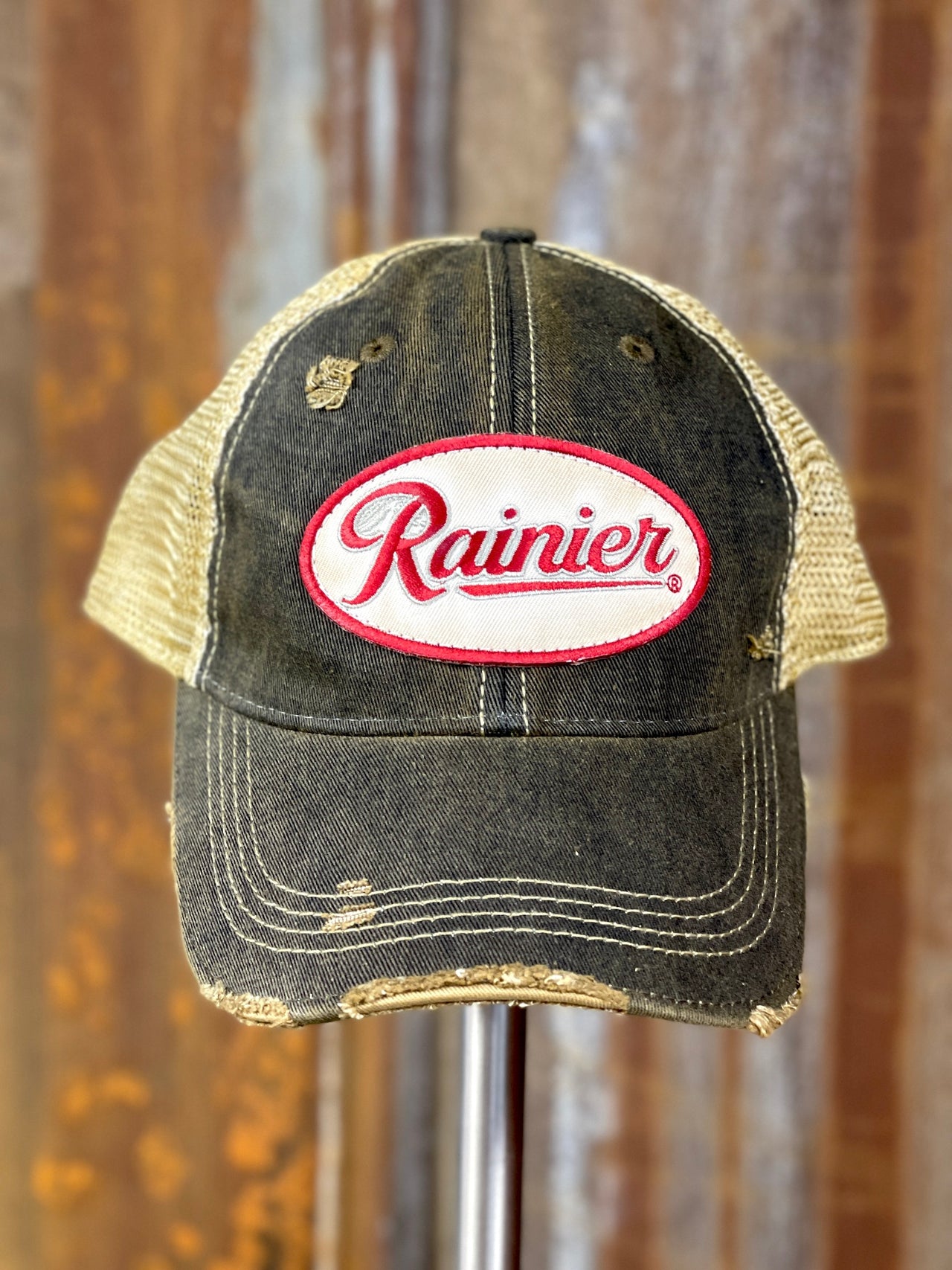 Rainier Beer Hat- Distressed Black Snapback