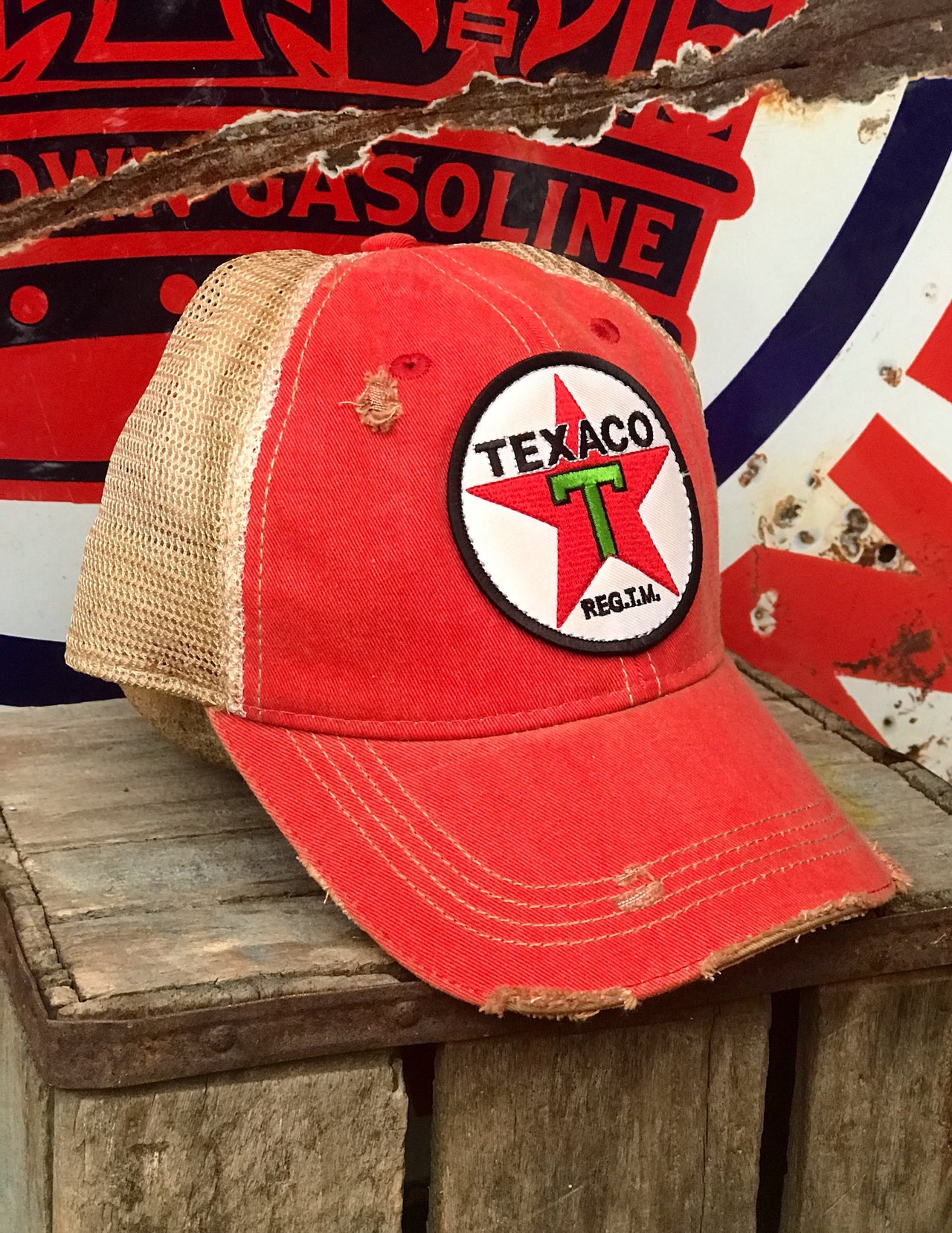 Texaco Vintage Star Logo Hat- Distressed Red Snapback